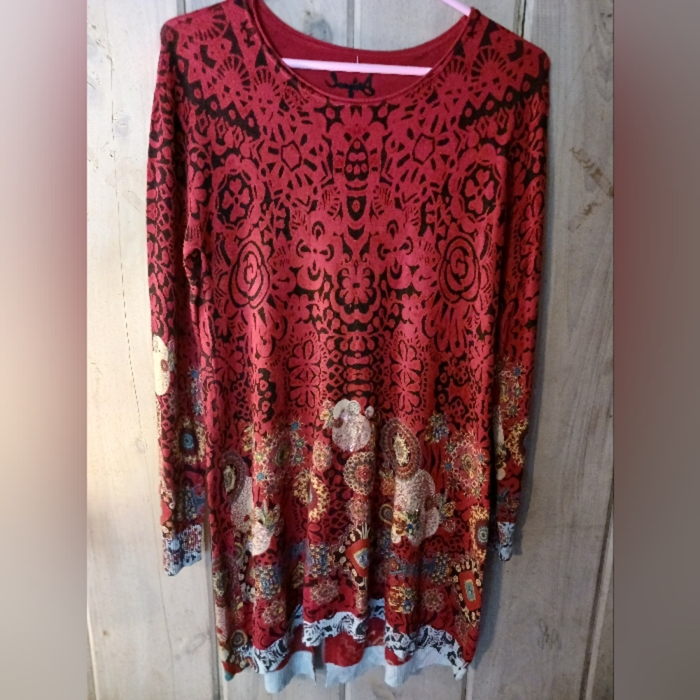 Desigual Red and Black Patterned Long Sleeve Sweater Dress / Tunic Size S/M
